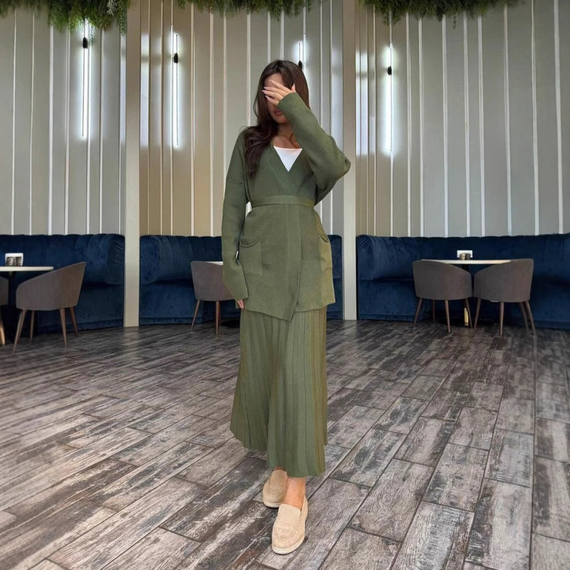 欧美跨境外贸2025春季宽松绑带口袋V领开衫外套舒适半身裙套装女|undefined