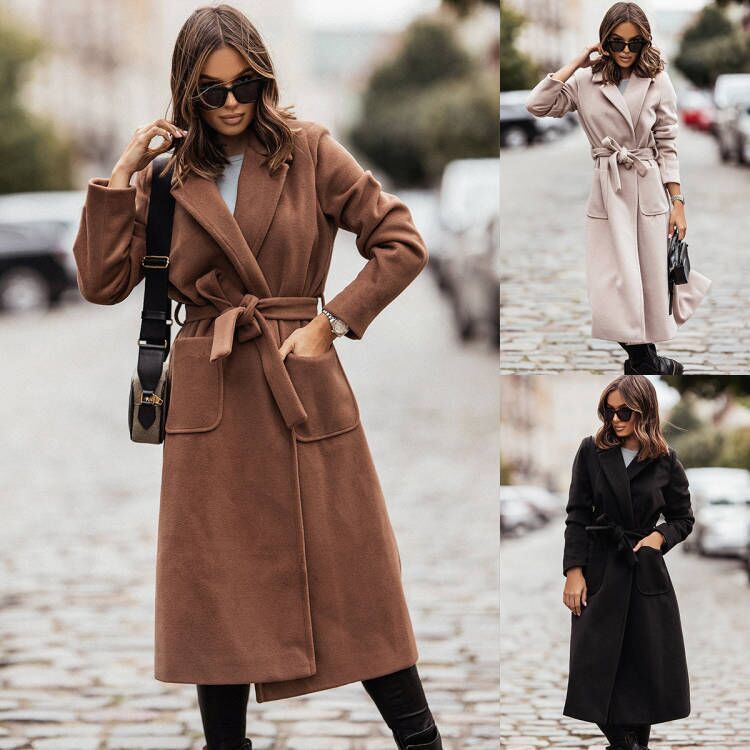 In-Stock Cross-Border Foreign Trade European and American Women's Clothing Amazon 2025 Autumn and Winter Simple Double-Breasted Long-Sleeve Lapel Woolen Coat
