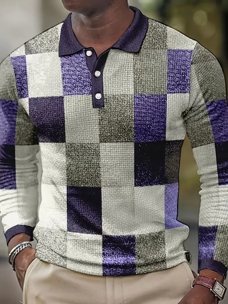 Personalidad retro tejido en contraste de color cuadrado estampado 3D casual suelto de manga larga camisa POLO de cuello con botones para hombres