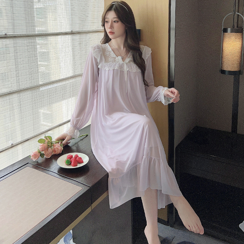 Ropa de casa de otoño con cojín de pecho de malla de cuello V princesa pijama fresco vestido de estudiante pijama de mangas largas dulce