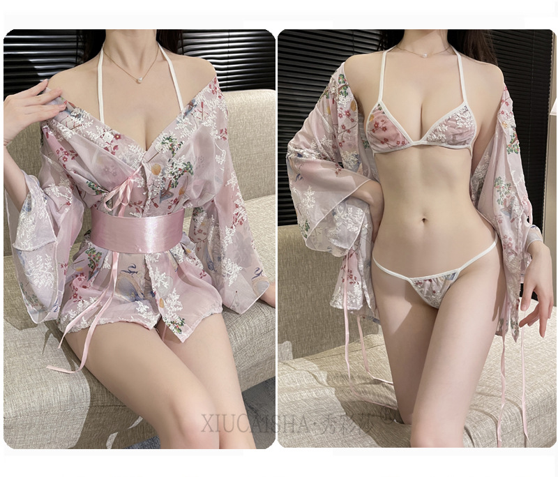 Japanese Print Kimono Three-Piece Lingerie Set with Robe, Belt and Thong — detail image 15