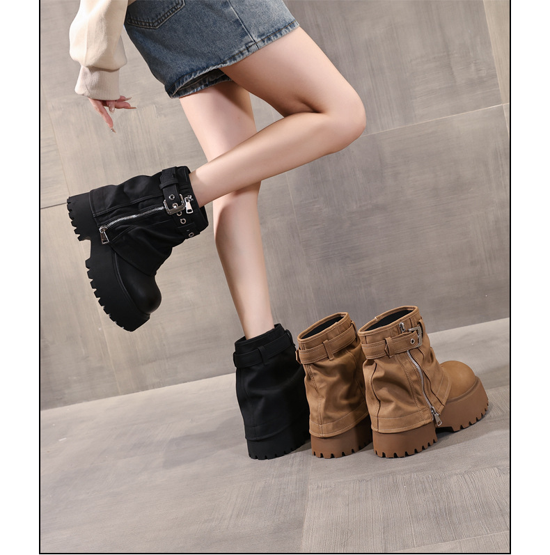 Giày boot nữ cổ thấp đế dày tăng chiều cao phong cách thường ngày — màu đen chi tiết 15