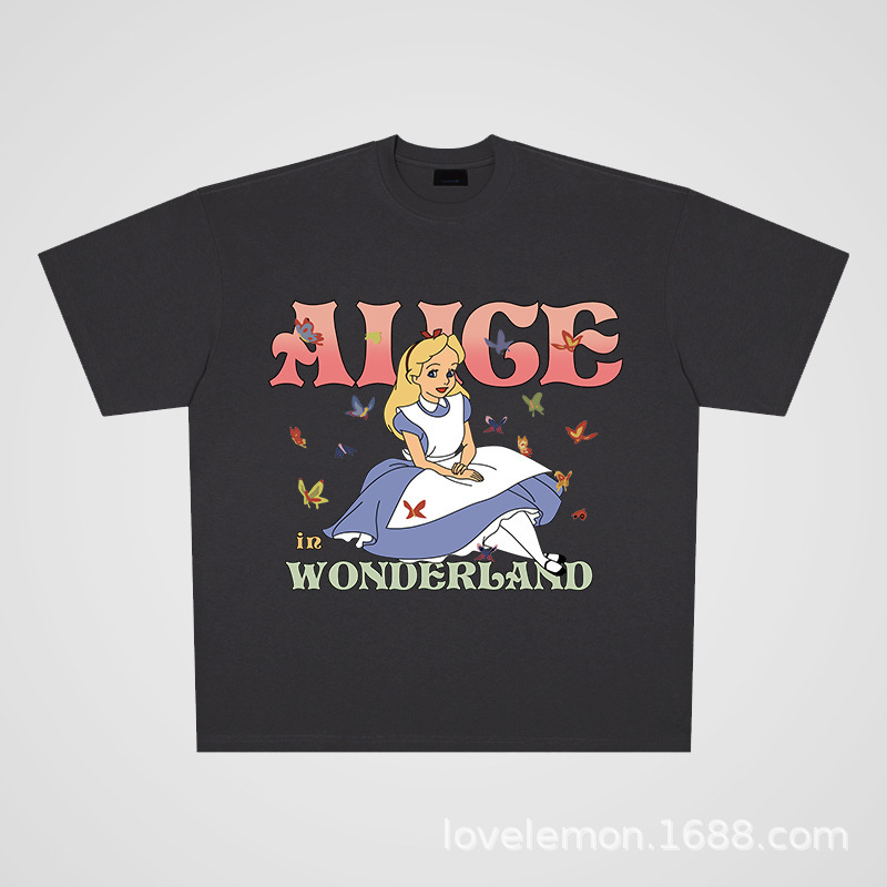 250g Heavyweight Pure Cotton Alice Girl Street Casual Oversize Large Board Short-Sleeved T-Shirt for Male and Female Couples 250g Heavyweight Pure Cotton Alice Girl Street Casual Oversize Large Board Short-Sleeved T-Shirt for Male and Female Couples