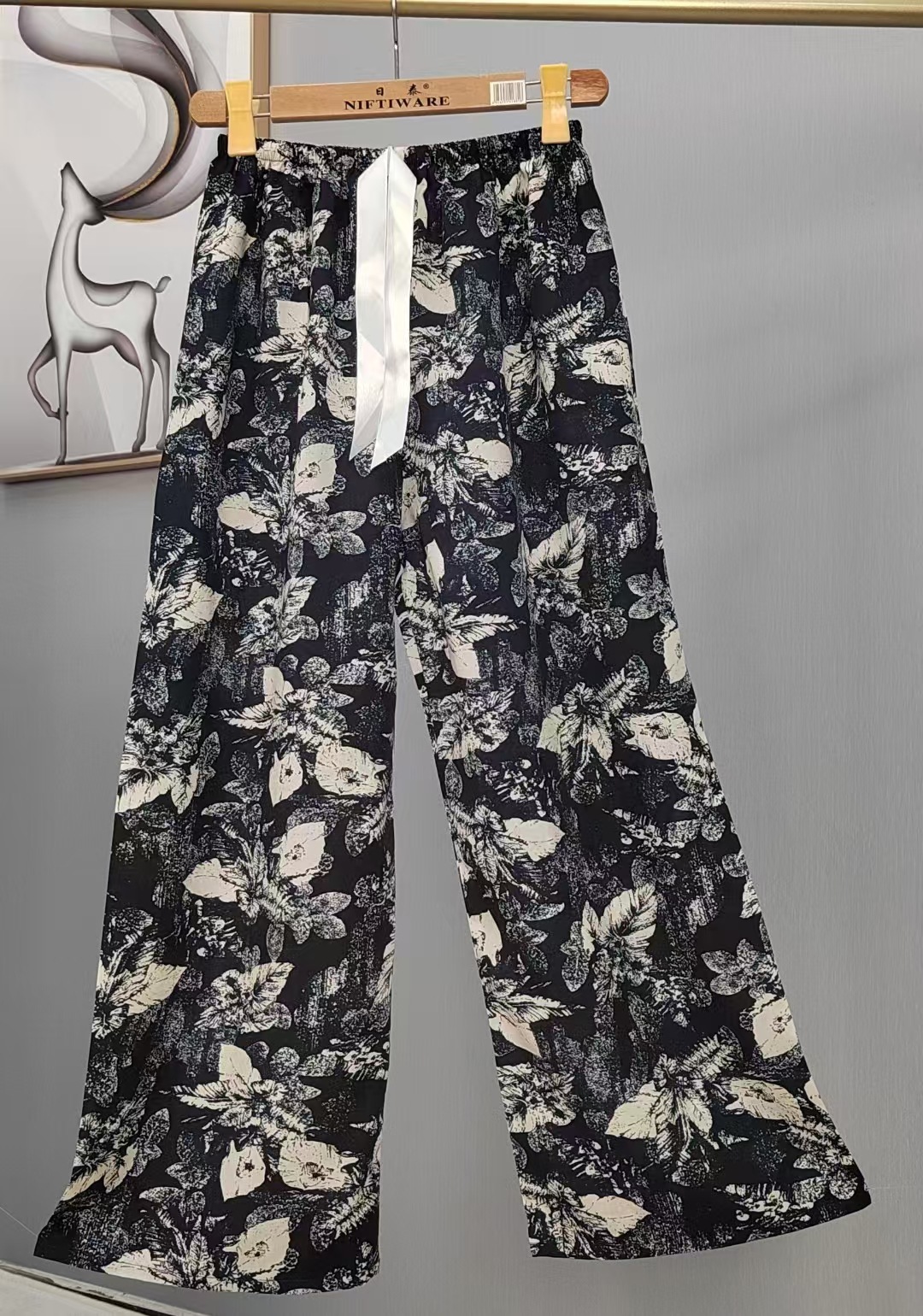 Pijama de seda de algodón para mujer, pantalones anchos de mujer embarazada de seda de algodón con estampado fino de verano