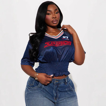 欧美印花短款露脐上衣时尚辣妹女装V领拼接印花跨境批发