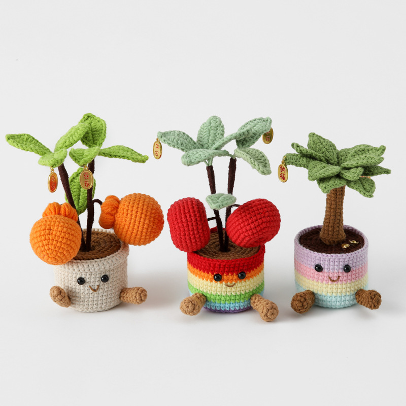 完成品手編みグラデーションカラー鉢植えシェフィールド糸かぎ針編みココナッツツリー表現鉢植えバレンタインデーウールかぎ針編み|undefined