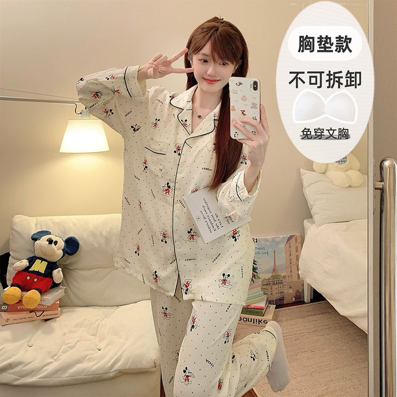 Al por mayor transfronterizo de otoño pantalones de manga larga pijamas casuales de mujer con cojín de pecho cardigan cómodo algodón nubes ropa para el hogar encantadora