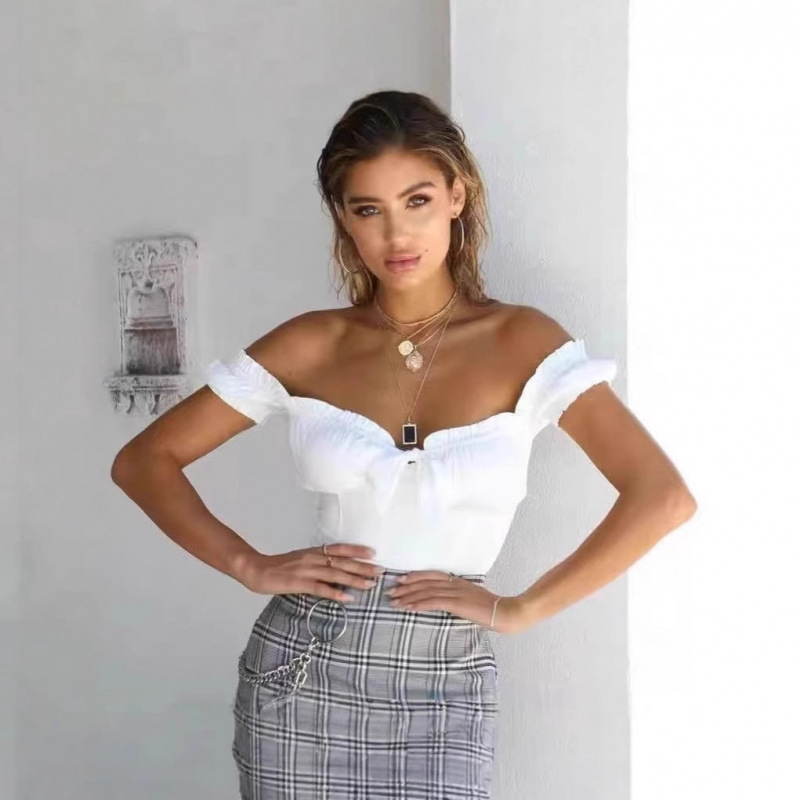 Iamgia European and American Bella Same Style One-Shoulder Top with Bow Tie Puff Sleeves Short-Sleeved Slimming Look Tube Top