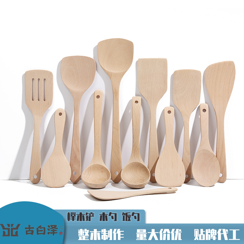 주방 가정용 너도밤나무 주걱 도매 일본 논스틱 팬 튀김 주걱 단단한 나무 볶음 주걱 수프 스푼 각인 로고