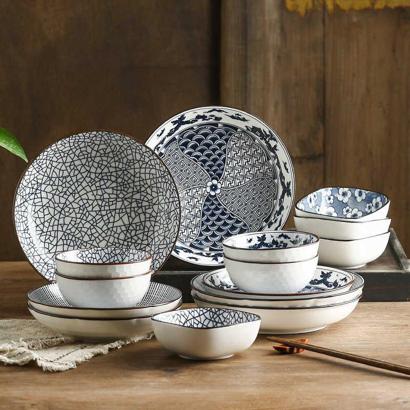 Japanese Ceramic Tableware Underglaze Color Household Plate and Bowl Set Japanese Noodle Bowl Mino Ware Series Ceramic Plates