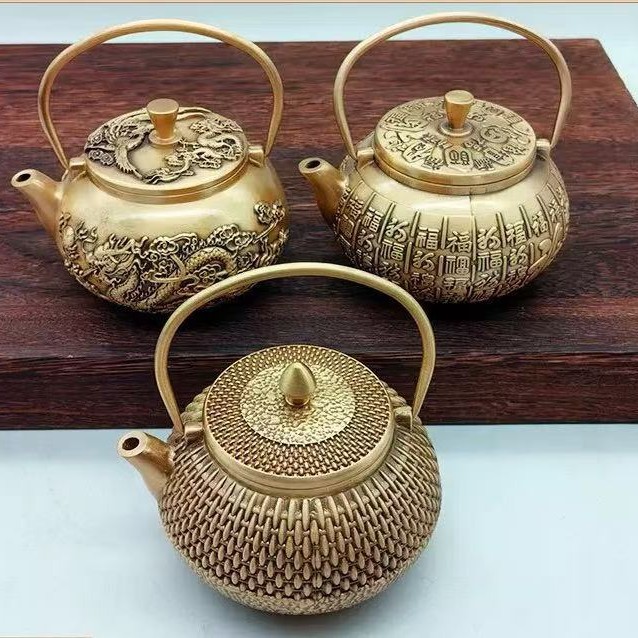厂家批发 黄铜制作 茶壶 百福茶壶 龙凤茶壶文玩工艺品把件可代发