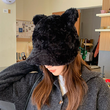 新款可爱小熊耳朵帽子女冬季百搭保暖加厚鸭舌帽显脸小针织护耳帽
