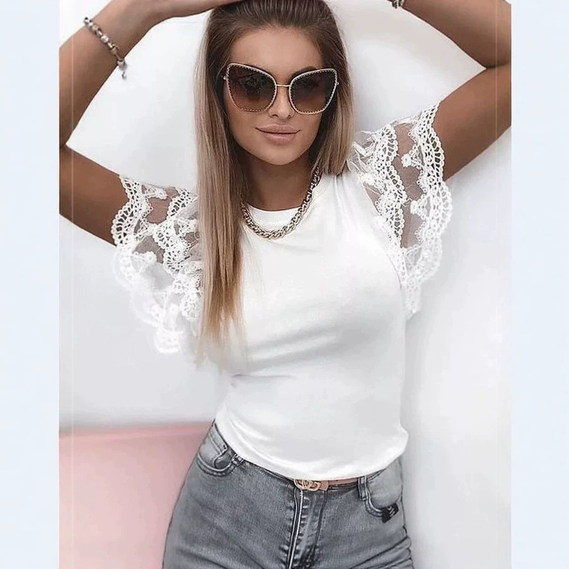 Cross-Border European and American Foreign Trade Women's Clothing, Solid Color Slim-Fit Lace Patchwork Stylish Simple Round-Neck Top