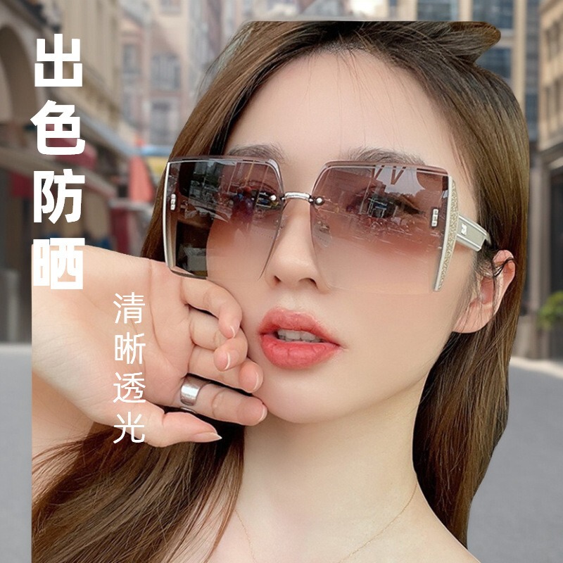 High-End Square Frameless Cut-Edge Sunglasses, Trendy and Cool Sunglasses for Women with Big Faces, Slimming and Fashionable Glasses