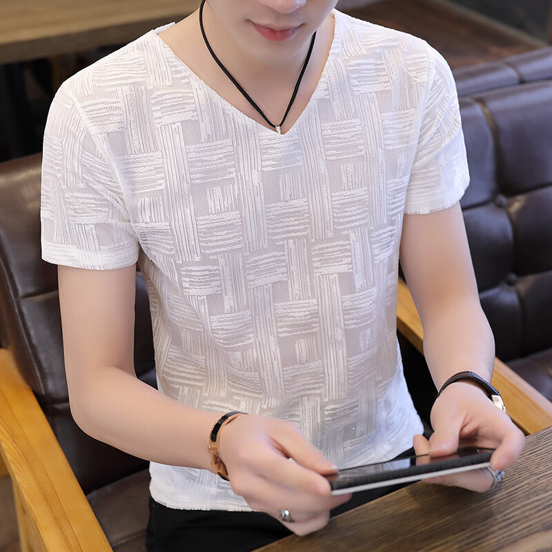 Cross-Border Exclusive Ice Silk Men's Short-Sleeve T-Shirt Summer V-Neck Thin Hollow-Out Half-Sleeve New Slim-Fit Trendy Top