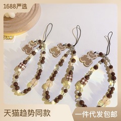 Trendy cool ins cartoon bear portable chain pendant universal mobile phone case diy handmade beading new mobile phone lanyard for women