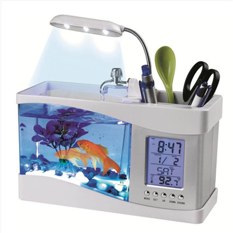 USB魚缸桌面流水生態夜燈電子魚缸鬧鍾水族箱收納魚缸萬年曆鍾LED