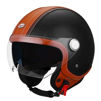 Motosiklet kaskı (dəbilqə) — bluetooth leather helmet motorcycle electric - brown-and-black-short-outside-and-tea-inside-m
