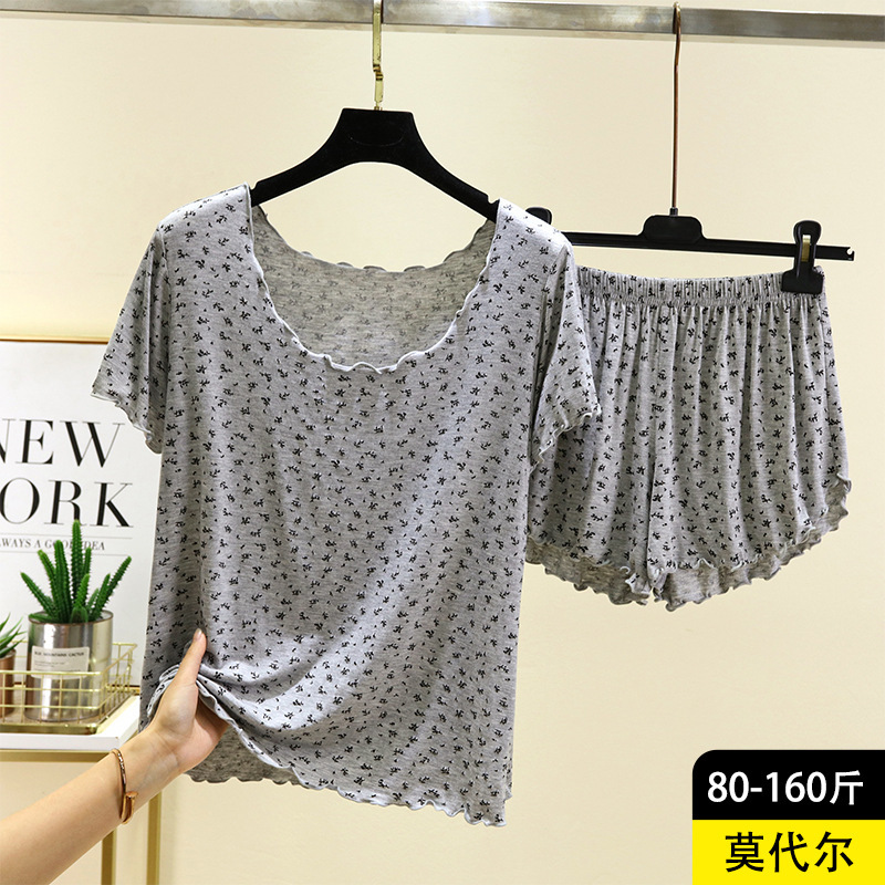 Modal Short-Sleeved T-Shirt Women's Summer Inner Wear Printed Slimming Look Bottoming Shirt Large Size Outer Wear Home Pajamas Shorts Suit