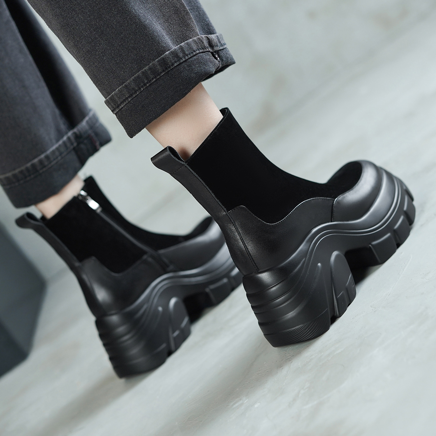 Giày boot Chelsea nữ cổ ngắn đế dày mũi tròn màu nâu cổ điển — Lớp lót nhung đen, Nhung nâu, Lớp lót đơn màu đen, Lớp lót đơn màu nâu
