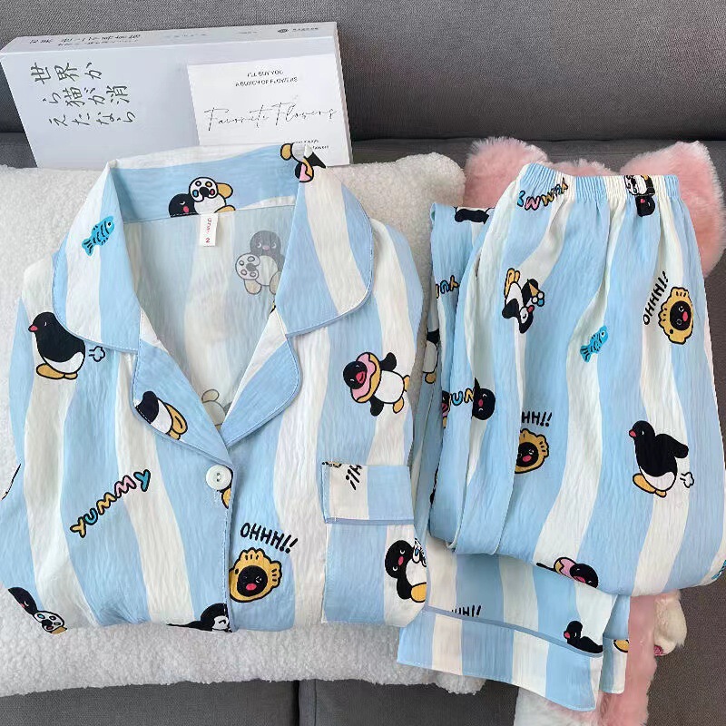 Cute Cartoon Pajamas Women's Spring and Autumn Thin Clouds Cotton Long Sleeve Trousers Sweet Penguin Home Clothes suit Outer Wear