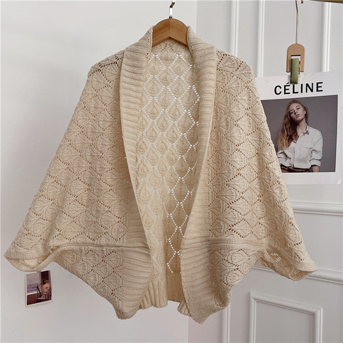 Spring and summer hollow cardigan shawl cloak women's knitted jacket Korean style autumn and winter warm scarf office neck protection cloak
