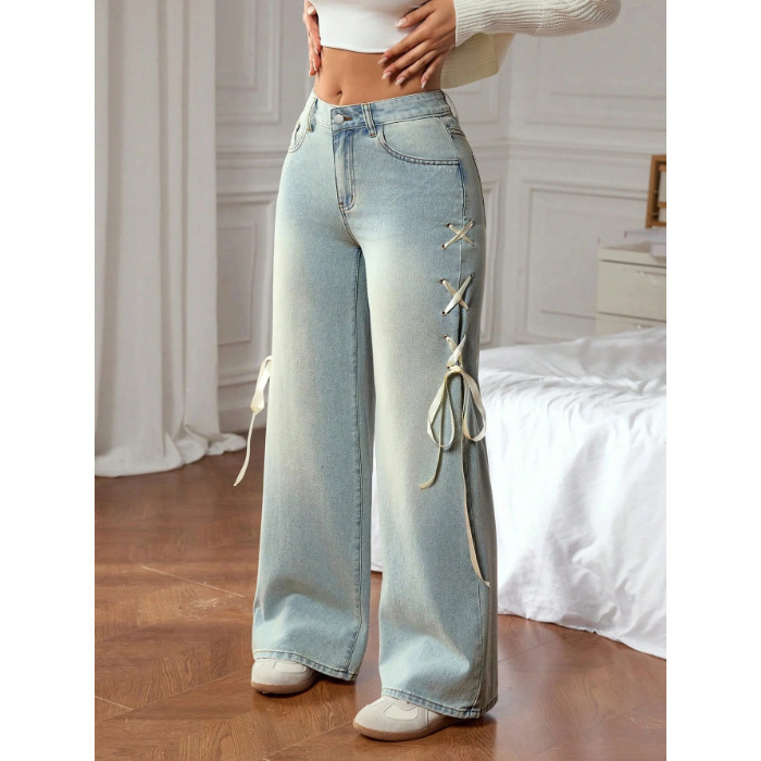 跨境JEANS时尚丝带新款侧腰宽松版休闲亚2025阔腿牛仔裤女独立站|undefined