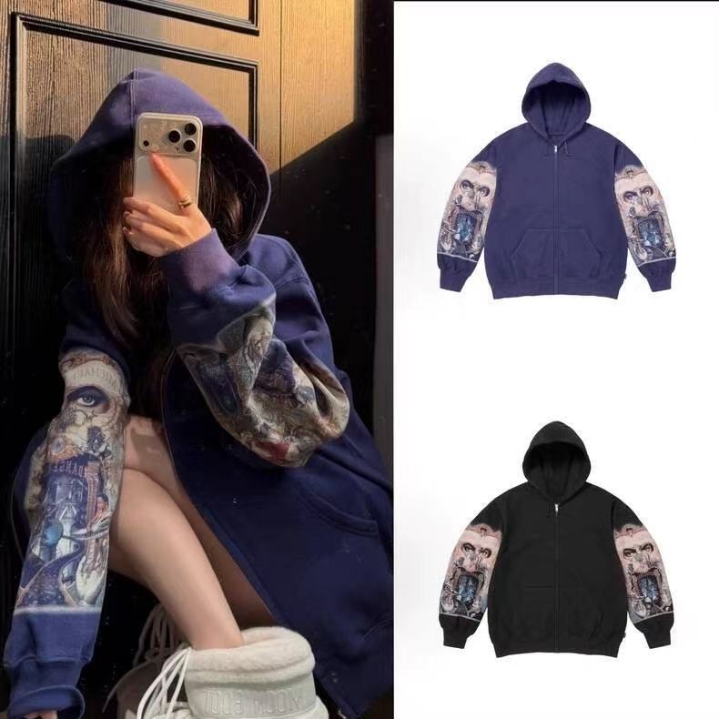 Cross-Border Foreign Trade Top Version New Sup Collaboration Hooded Zip-Up Sweatshirt with Eye Print Pattern for Men and Women Cross-Border Foreign Trade Top Version New Sup Collaboration Hooded Zip-Up Sweatshirt with Eye Print Pattern for Men and Women
