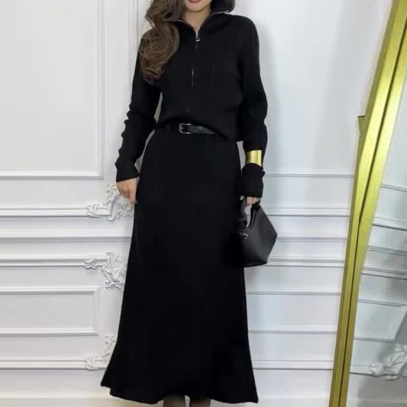 2025春の新型越境欧米の外国貿易の婦人服の純色の長袖のファスナーのコートの半身のスカートのファッションのスーツ|undefined