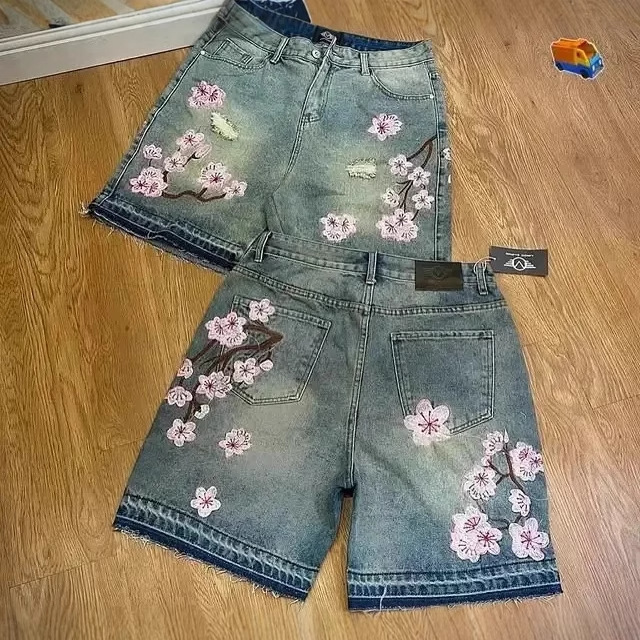 ヨーロッパとアメリカのクロスボーダー Y2K ゴシック桜刺繍デニムショートパンツメンズ夏の新しいレトロヒップホップストリートパンツイン|undefined