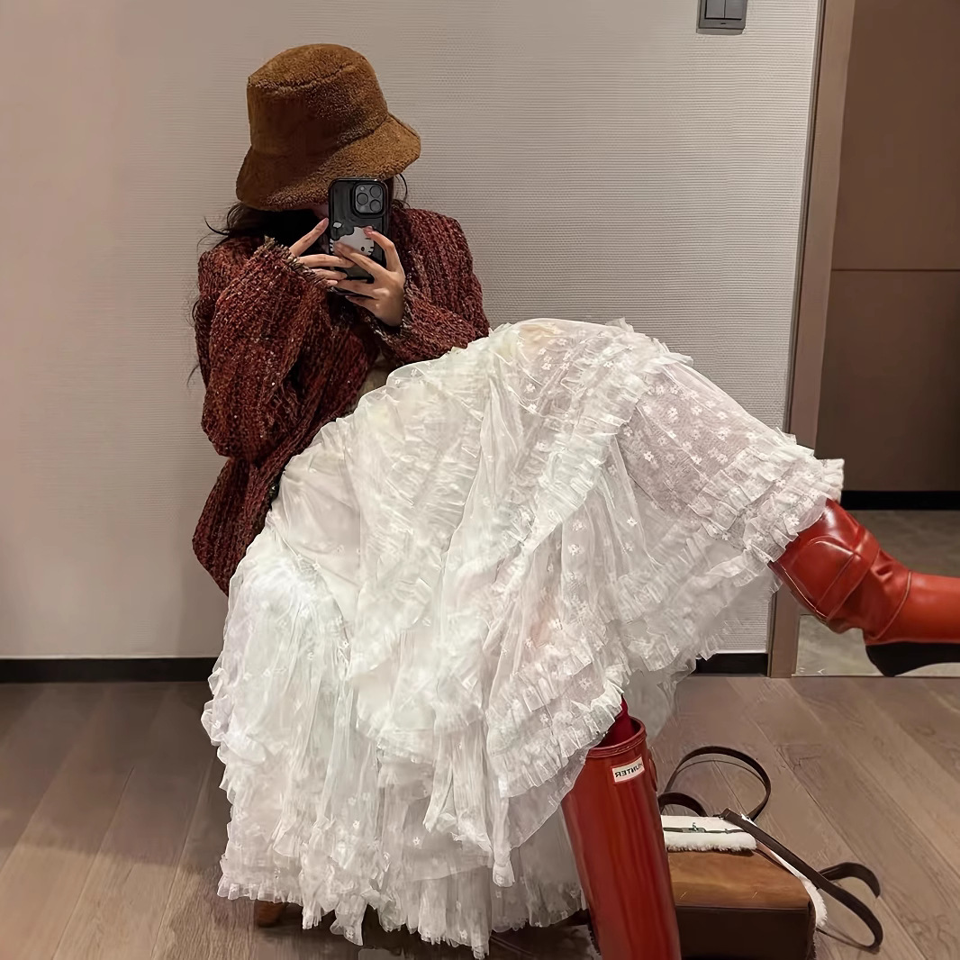 Korean Style White and Black Heavy-Duty Splicing Asymmetrical Mesh Skirt for Women Spring, Summer, Autumn and Winter High-End Versatile Cake Skirt