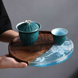 北欧胡桃木树脂干泡茶盘环氧树脂实木托盘创意干果圆盘圆形泡茶台