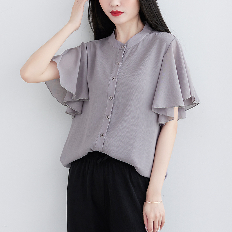 Japanese solid summer shirt with a round collar