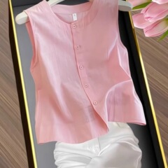 韩系chic粉色亚麻无袖衬衫女2025夏季新款设计感小众别致开衫上衣