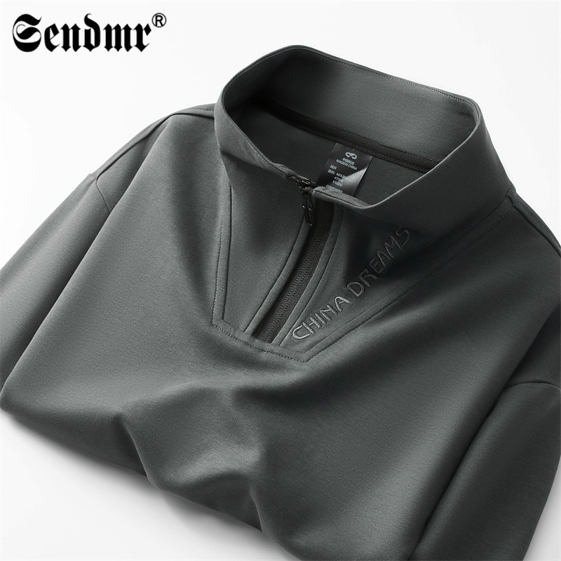 High-End Men's Cotton T-Shirt Embroidered Stand-Up Collar Sweatshirt Half-Zip Long-Sleeved Casual Bottoming Sports Top for Men in Spring and Autum