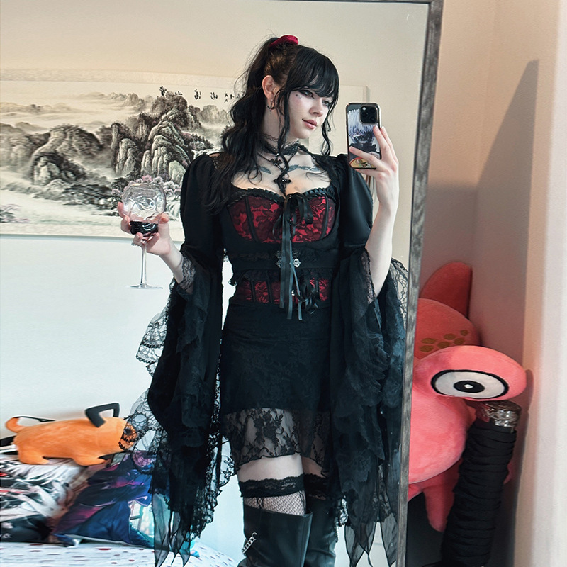 Xs25106 Dark Gothic Style Asymmetrical Waistcoat Lace Top 2025 New Versatile Bell Sleeve Blouse for Women