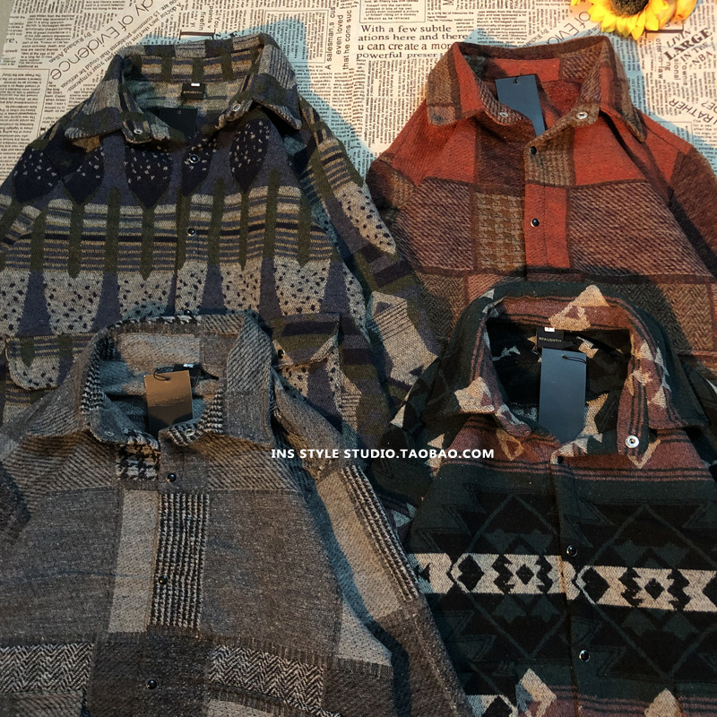 Japanese Style Retro Vintage Plaid Thickeneded Woolen Long-Sleeved Shirt Men's Hong Kong Style Harajuku Loose Couple Jacket Trendy