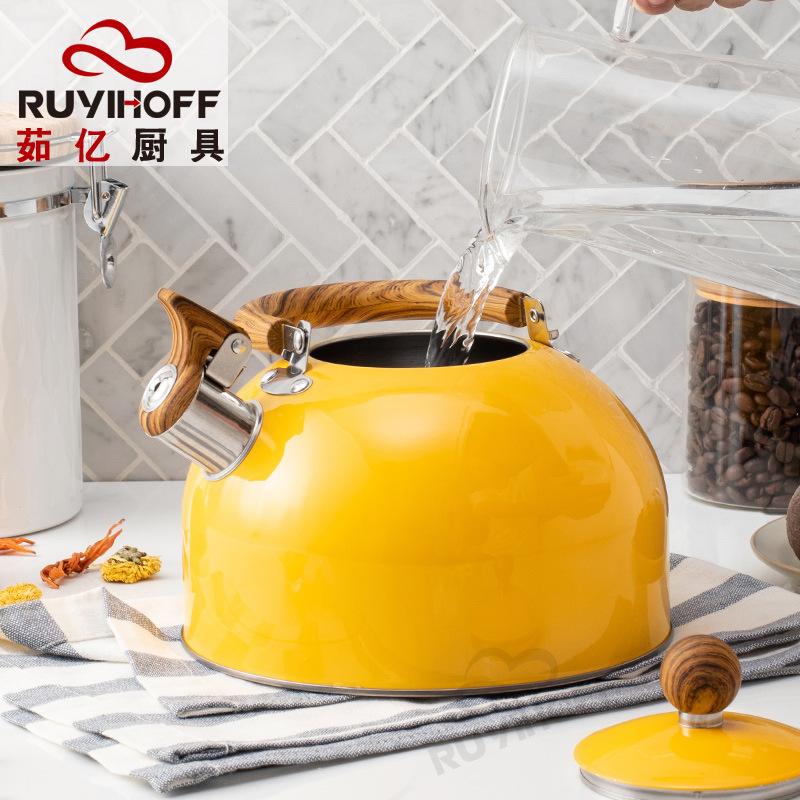 utensilios de cocina europeos y estadounidenses con fondo plano sonido tetera de agua 3L Amazon pintado amarillo flauta tetera de té y café