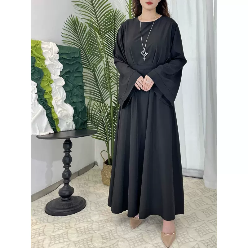 跨境temu秋冬穆斯林衣服连衣裙女性休闲简约中东长袍长袖优雅腰带