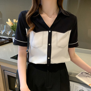 2025 New Summer Style Versatile Contrasting Color Topstitch Polo Collar Chiffon Short-Sleeved Shirt Top