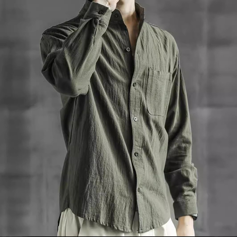 Solid Color Three-Quarter Sleeve Shirt for Men in Spring and Autum Thin Casual Inch Shirt Youth Stand-Up Collar Loose Cotton and Linen Shirt for Men