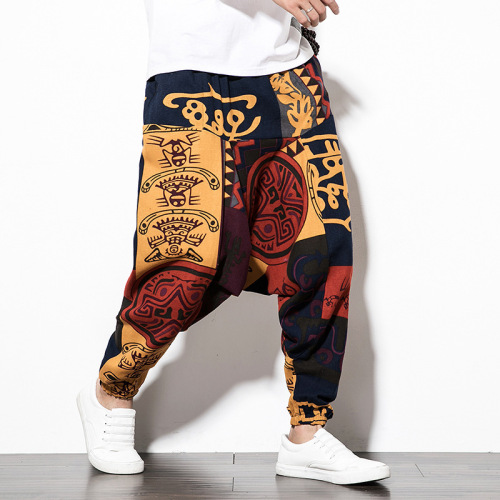  Spring Chinese Style New Men's Cotton Linen Harem Lantern Casual Pants Men Printed Hip-Hop Pants P30