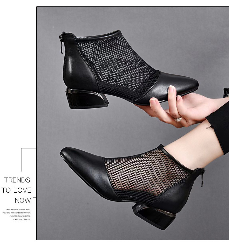Sandal lưới da thật nữ mũi nhọn gót thấp phong cách La Mã — Da Bò Lớp đầu trên chi tiết 17