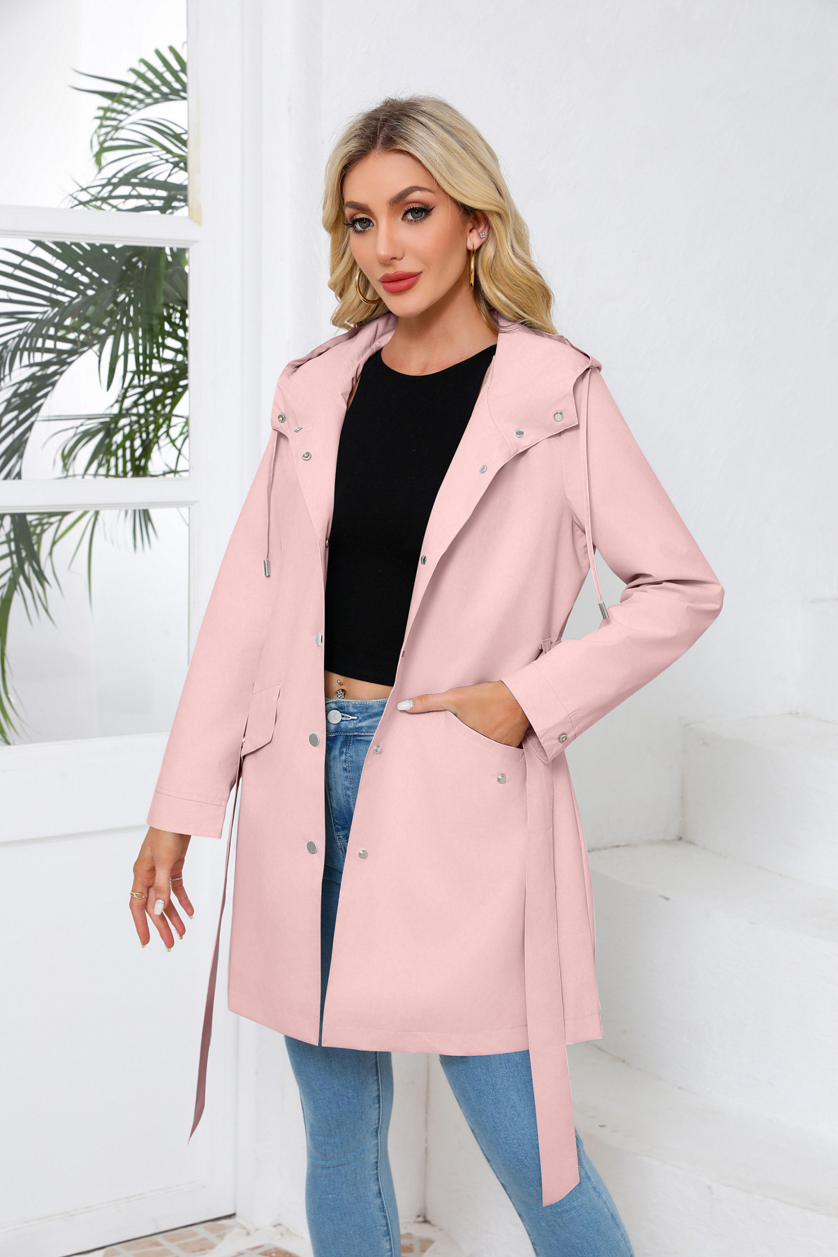 Women's Clothing Spring and Autumn Hooded Water Repellent Jacket with Belt Thin Casual Loose Windbreaker _voghion.com
