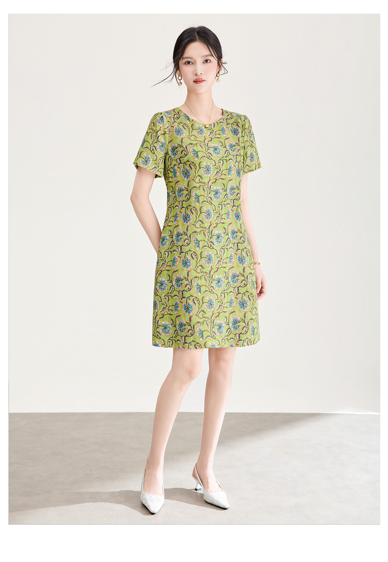 Đầm maxi nữ thắt eo tay ngắn họa tiết vintage chất lụa tơ tằm phối sợi gai — xanh lá cây chi tiết 11