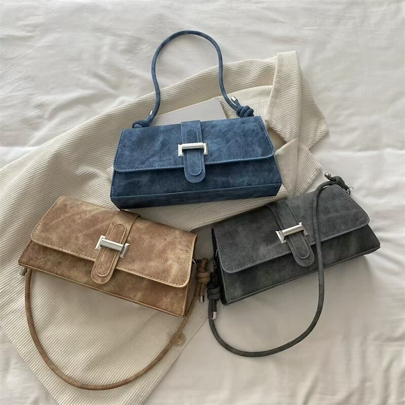 Cross-Border Vintage Distressed Suede Baguette Bag with Metal Buckle, Hand-Held Underarm Bag, Maillard Style Women's Bag, Single Shoulder Crossbody Bag Cross-Border Vintage Distressed Suede Baguette Bag with Metal Buckle, Hand-Held Underarm Bag, Maillard Style Women's Bag, Single Shoulder Crossbody Bag