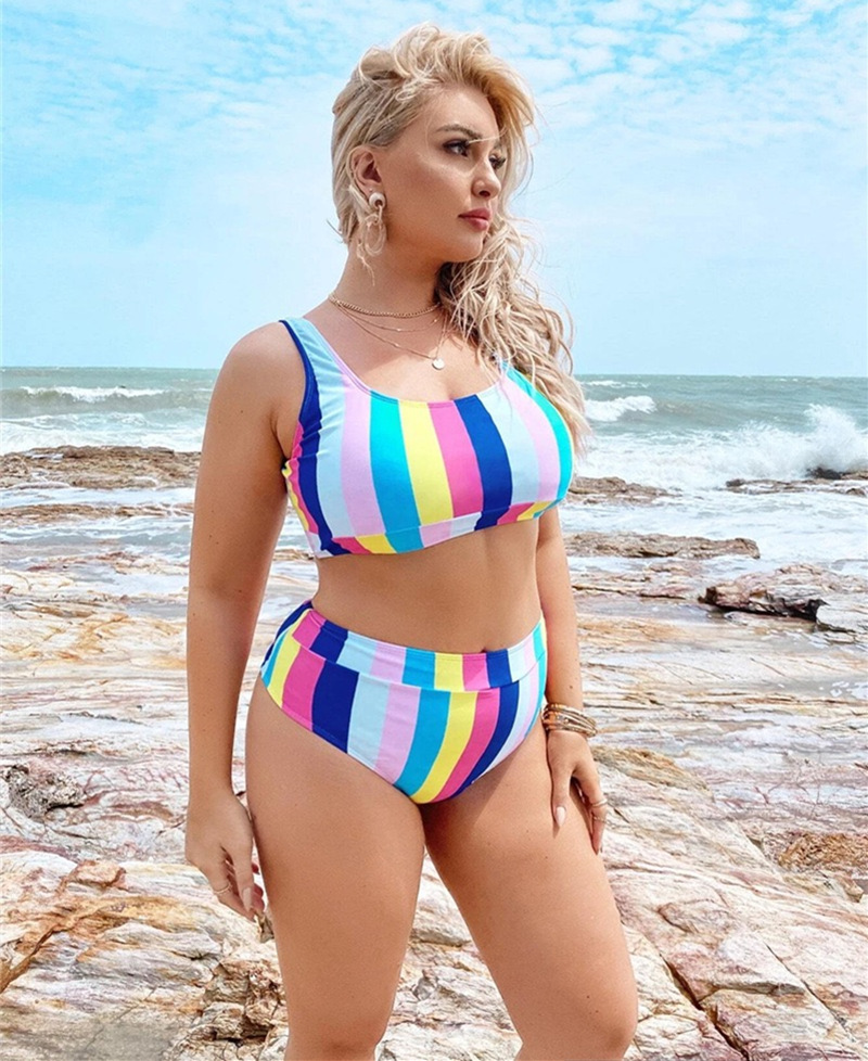 color matching striped print high waist tankini split two-piece swimsuit NSJHD123415