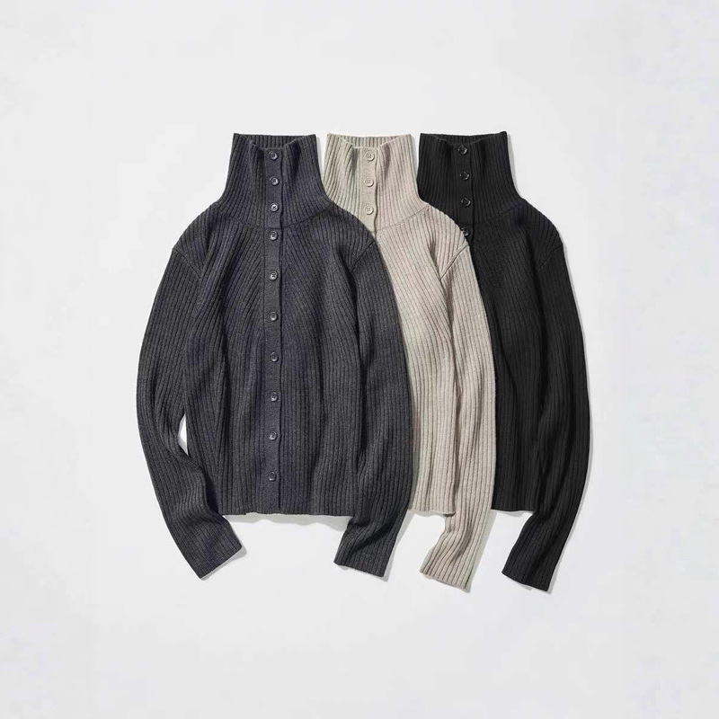 Women's Merino Wool Blend High-Neck Lapel Knitted Cardigan Stand-Collar Sweater Coat 25 Autumn/Winter Model 480107