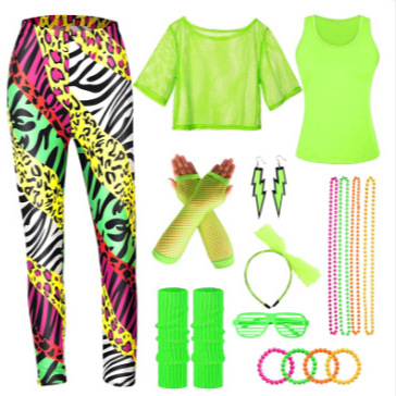 万圣节复古1980舞会派对服装瑜伽健身运动网眼T恤打底裤套装