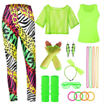 Halloween Vintage 1980 Prom Party Costume Yoga Fitness Sports Mesh T-Shirt Leggings suit Halloween Vintage 1980 Prom Party Costume Yoga Fitness Sports Mesh T-Shirt Leggings suit